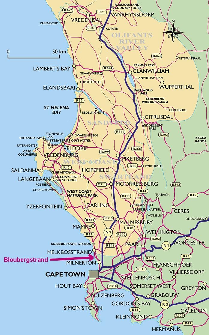 வரைபடம் மேற்கு கடற்கரையில் கேப் டவுன்