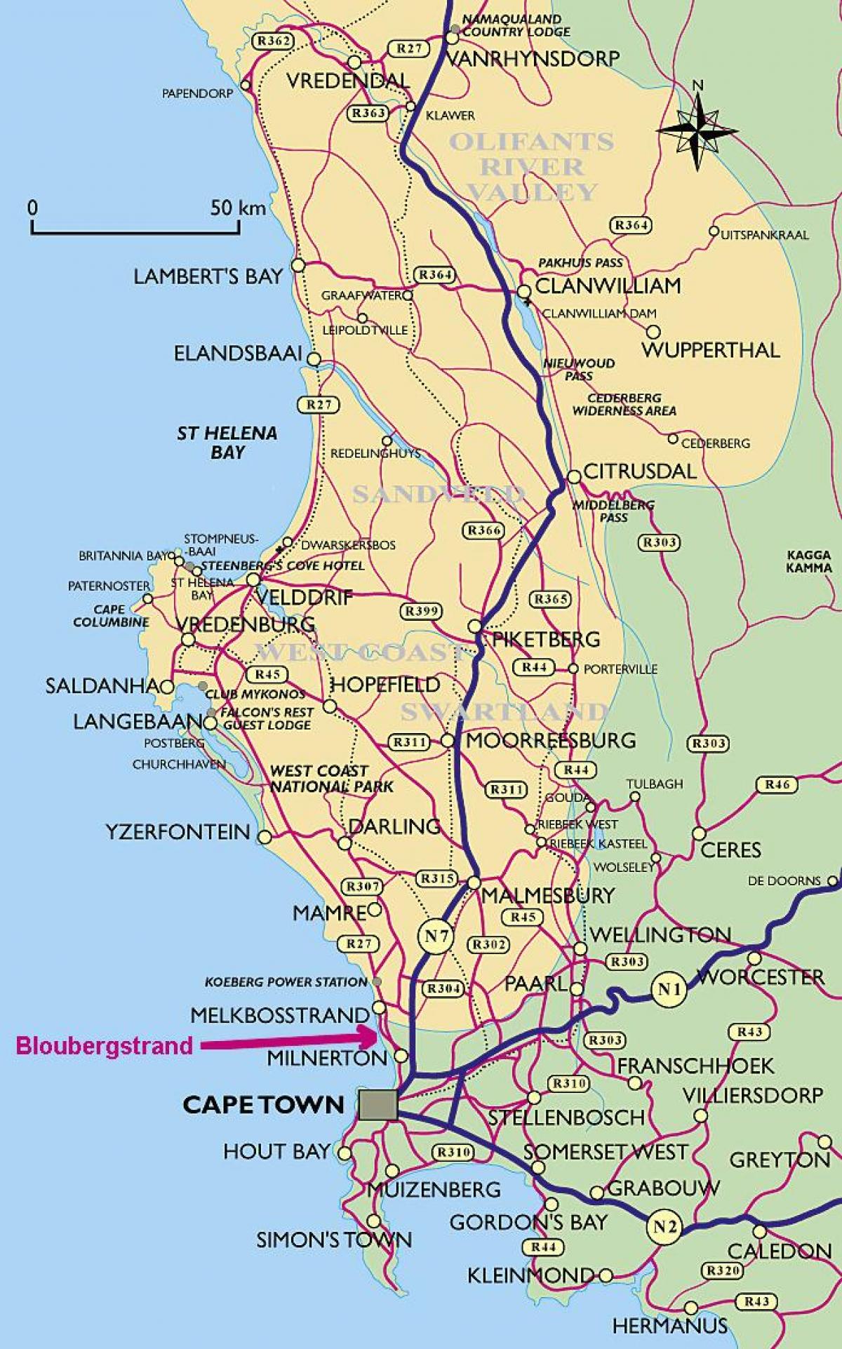 வரைபடம் மேற்கு கடற்கரையில் கேப் டவுன்
